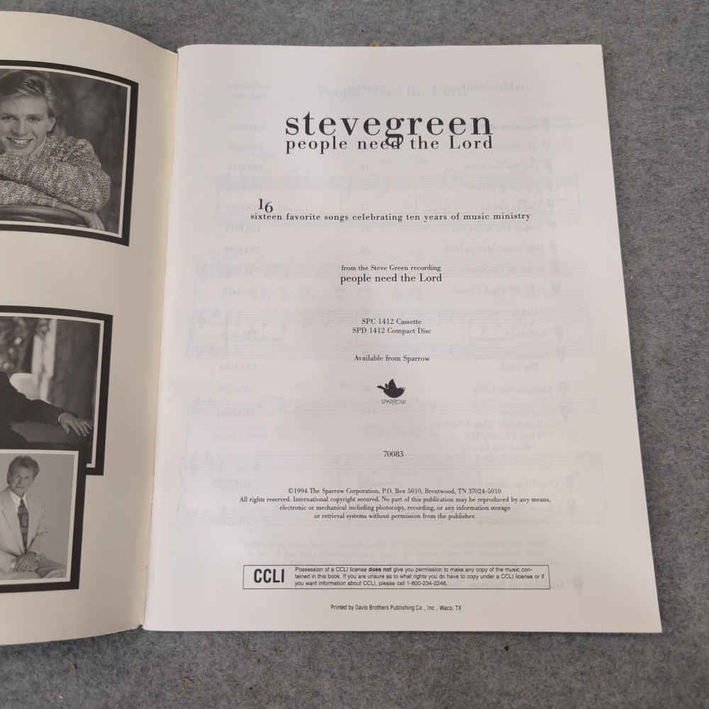 Steve Green People Need the Lord Sheet Music Songbook Keyboard Medium Voice 7008 - Picture 2 of 3